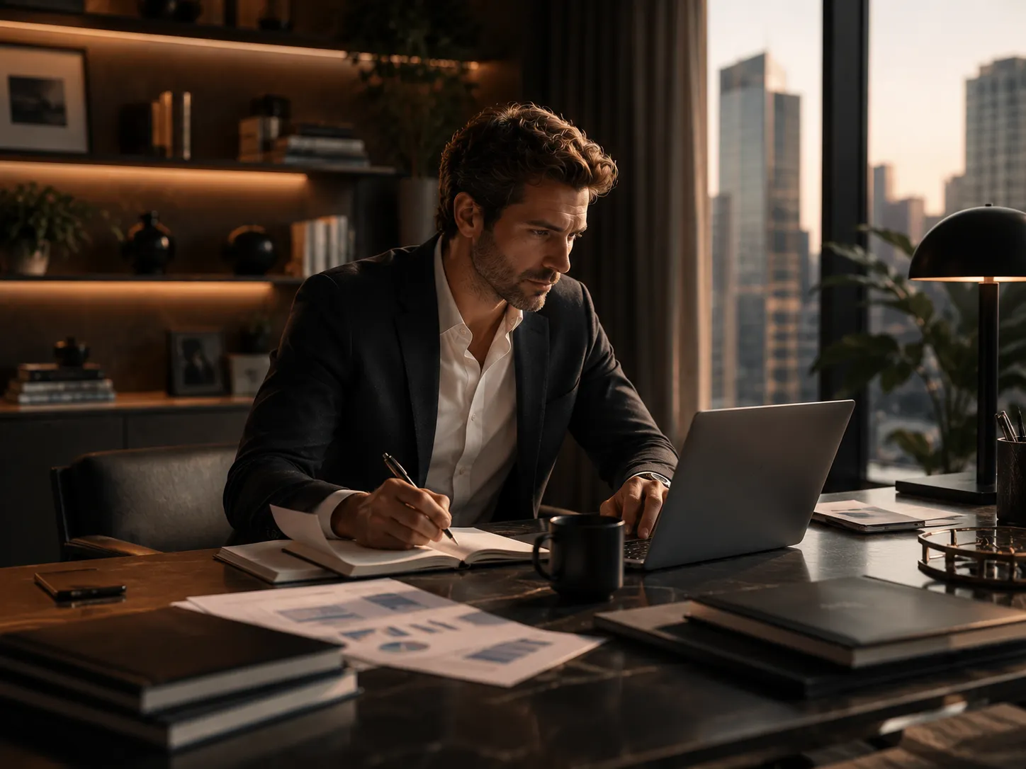 Empresario trabajando en su escritorio con una laptop y documentos, con la ciudad de fondo