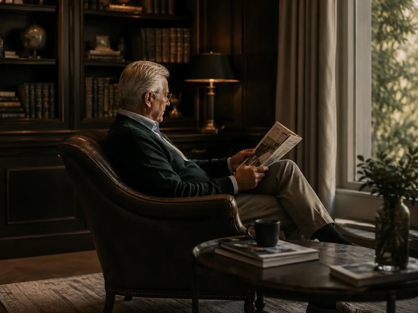 Persona retirada leyendo con tranquilidad en el sillón de su hogar